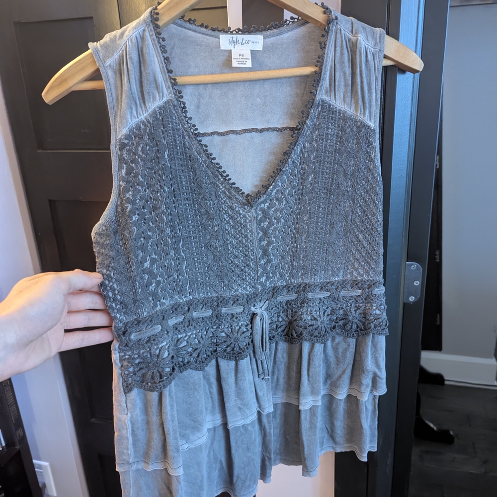 Style & Co Gray Tiered Blouse with Tie Front